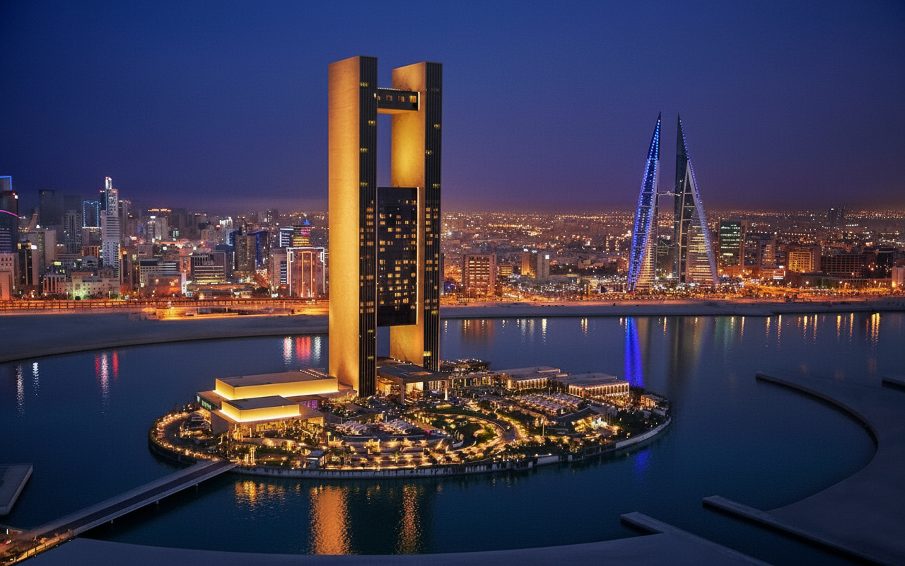 Bahrain skyline at night with modern towers