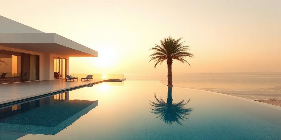 Luxury waterfront villa at golden hour