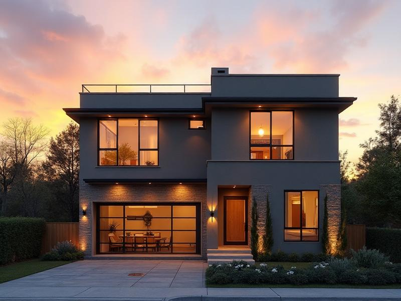 Modern luxury house with garage and warm lighting