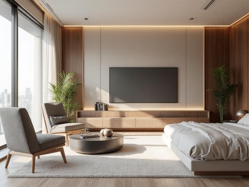 Luxury bedroom interior with warm wood accents